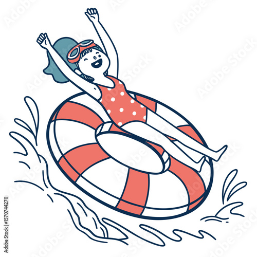 Girl enjoying waterslide with inflatable ring swimming