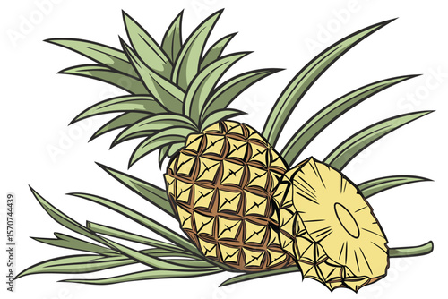  pineapple, tropical fruit, green leaves, plant, nature, still life, bright colors, detailed digital illustration, 4k, photorealistic