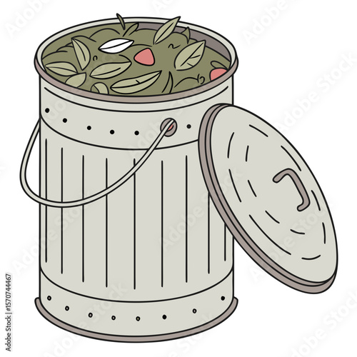 Gray compost bin with green organic matter and red pieces