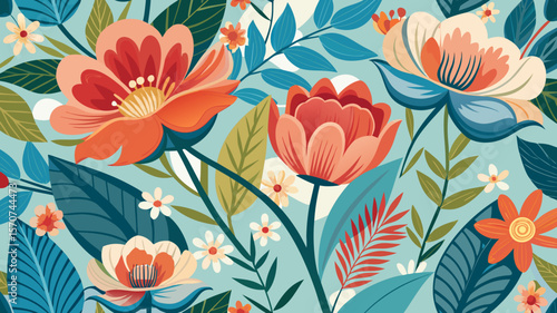 Vibrant floral pattern with large blooming flowers and lush green leaves