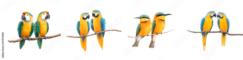 Fototapeta premium Tropical Bird Pairings on Branch: Macaws and Bee-eaters Isolated on White