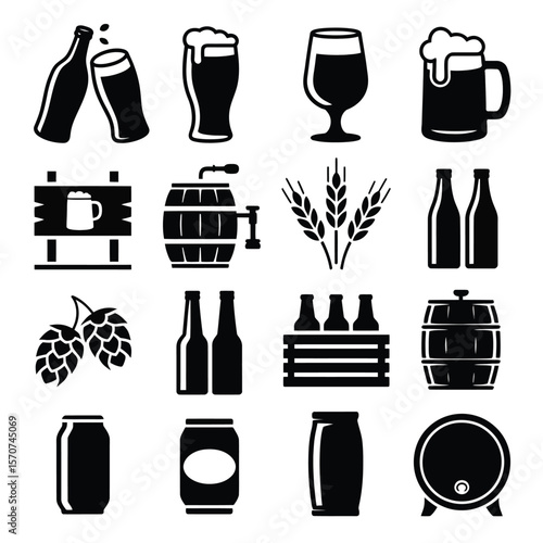 Sixteen Black and White Beer Icons Collection Featuring Beer Bottles Cans Mugs Barrels Hops Wheat and Signage a Graphic Design Set for Brewery Pub or Beer Related Businesses