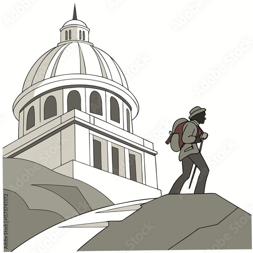 Hiker approaches domed building backpack walking stick