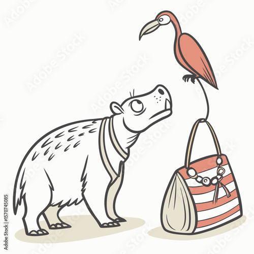 Hippo and Bird with Beach Bag stripes