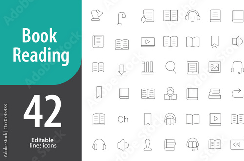 Book Reading Line Icons, Open Book, Reading Glasses, Bookmark, E-Book, Study Lamp, Editable Formats: AI, EPS, PNG, JPG, Ideal for Both Digital and Print Use
