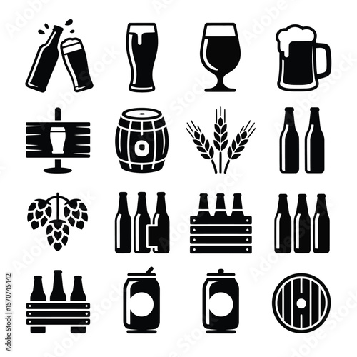 Sixteen Black and White Beer Icons Collection Featuring Beer Bottles Cans Glasses Barrels Hops Wheat and More in a Grid Layout