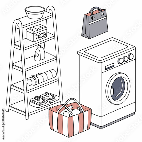 Laundry room objects on white background washing machine