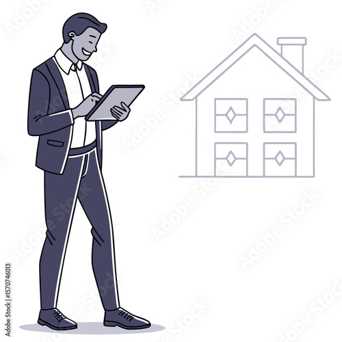 Man in suit with tablet and house outline real estate agent