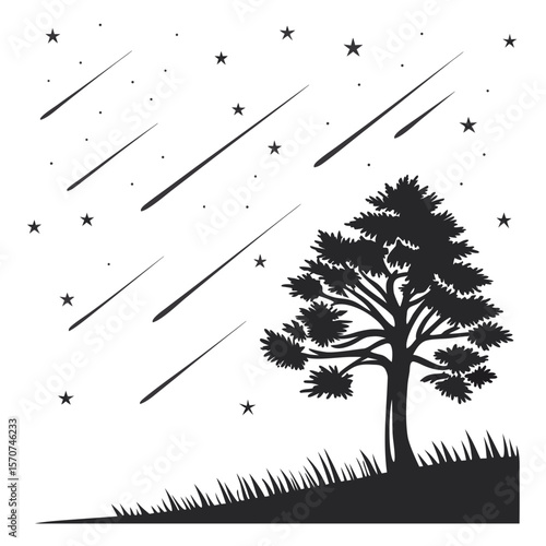 Meteor shower over a solitary tree stars night sky