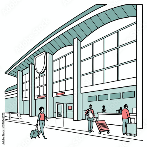 Modern airport terminal with travelers and luggage