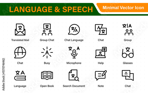 Language web icon set in line style. Language translation, linguistics, speaking, dictionary, listening skills, writing, translate, collection.