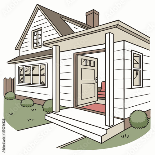 Open house with front porch and lawn home open door