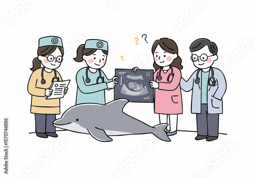 Cartoon veterinarians examining a dolphin with ultrasound showing fetus, discussing marine animal health and reproduction