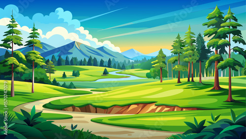 A peaceful golf course scene featuring lush, perfectly trimmed greens and fairways, surrounded by tall trees and set under a bright, clear blue sky