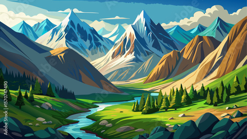 A breathtaking valley nestled in the rugged Hindu Kush mountains of Pakistan, where lush greenery meets towering peaks under a clear blue sky. A serene and majestic landscape showcasing the raw beauty