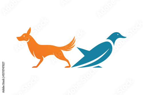 Orange dog chasing blue duck logo design