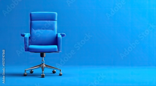 A vibrant blue office chair sits centrally against a matching blue backdrop,  creating a minimalist and modern aesthetic.  The chair is well-lit, emphasizing its padded seat and arms
