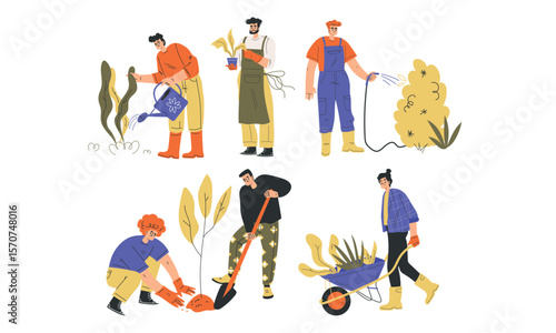 Engaging in Various Gardening Activities with Many Diverse Workers in a Flourishing Landscape