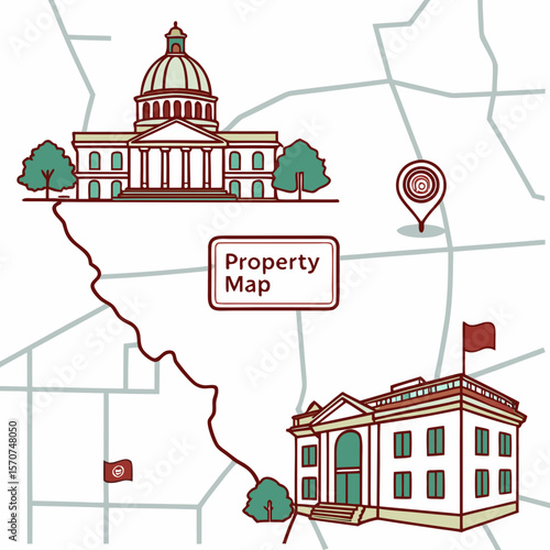 Property map with buildings and route location