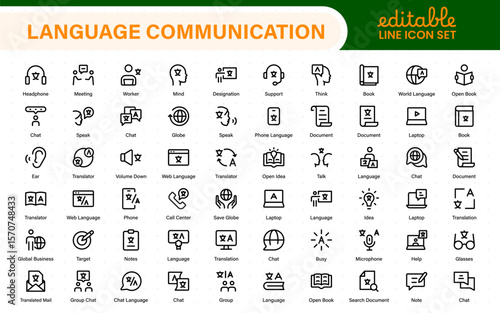 Language web icon set in line style. Language translation, linguistics, speaking, dictionary, listening skills, writing, translate, collection.