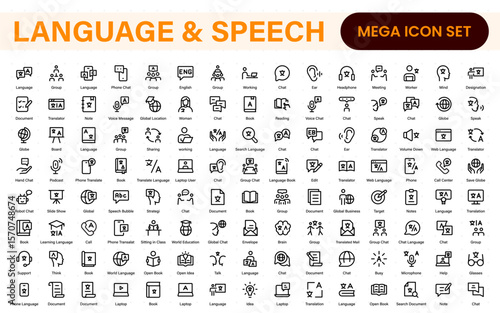 Language web icon set in line style. Language translation, linguistics, speaking, dictionary, listening skills, writing, translate, collection.