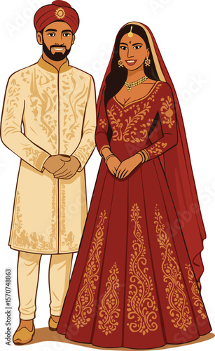 Indian Wedding Couple Vector Traditional Red Bridal Lehenga and Cream Sherwani