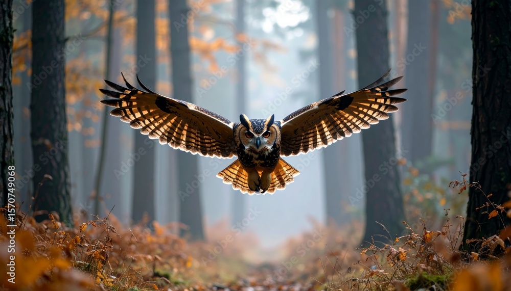 Fototapeta premium Owl Flying Through Misty Woods 