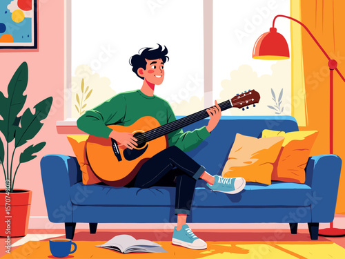  a young man comfortably playing an acoustic guitar on a sofa in a sunlit living room, highlighting hobbies and relaxation