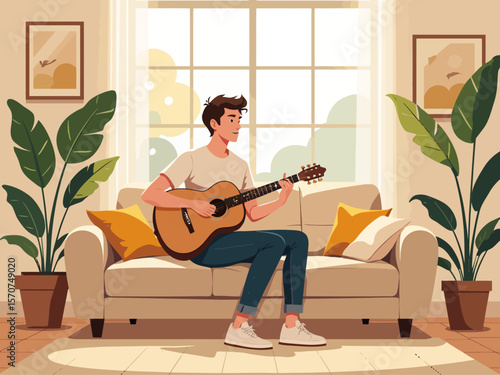  a young man comfortably playing an acoustic guitar on a sofa in a sunlit living room, highlighting hobbies and relaxation