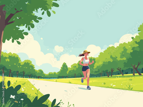 a young woman jogging during her summer holiday in a park setting