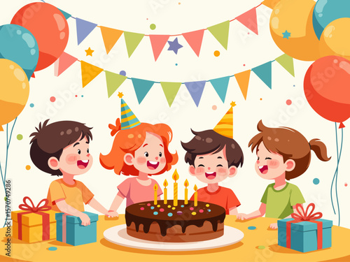 artwork vector illustration A joyful birthday party scene with four happy children, a chocolate cake with candles, gifts