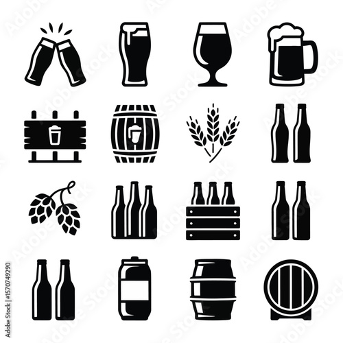 Sixteen Black and White Beer Icons Collection Featuring Beer Glasses Bottles Barrels Hops Wheat and Cans on White Background Simple Graphic Design Elements for Brewery Pub or Beer Related