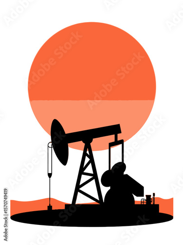 Black oil pumpjack silhouette on white background 