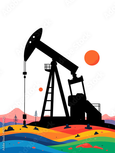 Black oil pumpjack silhouette on white background 