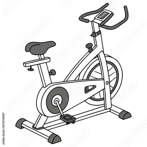 Stationary exercise bike with gray seat and handlebars