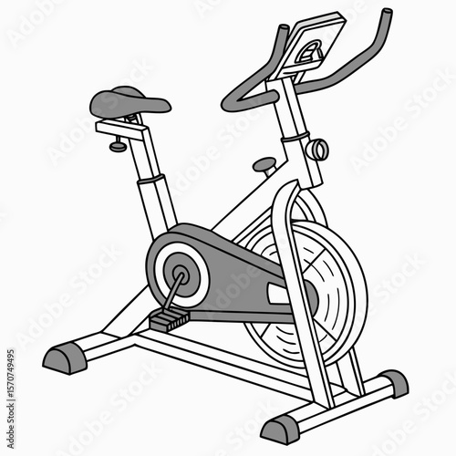 Stationary exercise bike with grey seat and pedals
