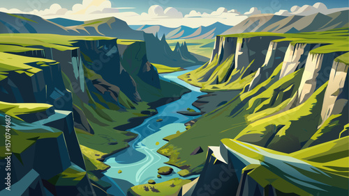 Dramatic aerial view of Fjaðrárgljúfur Canyon in southeast Iceland, showcasing its winding river, steep moss-covered cliffs, and surreal geological formations.