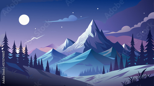 Peaceful moonlit night sky casting a soft glow over snowy mountain peaks. The serene, wintry landscape sparkles under the moonlight with shadows and highlights creating a dreamy, tranquil atmosphere.
