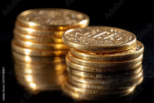 Two stacks of gold coins one taller gleam on a reflective black surface The coin details are visible