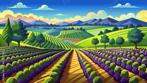 Vast panoramic view of black currant plantations with neatly aligned rows of lush green bushes stretching into the distance under a bright blue sky