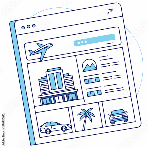 Travel booking interface with airplane hotel car and palm tree