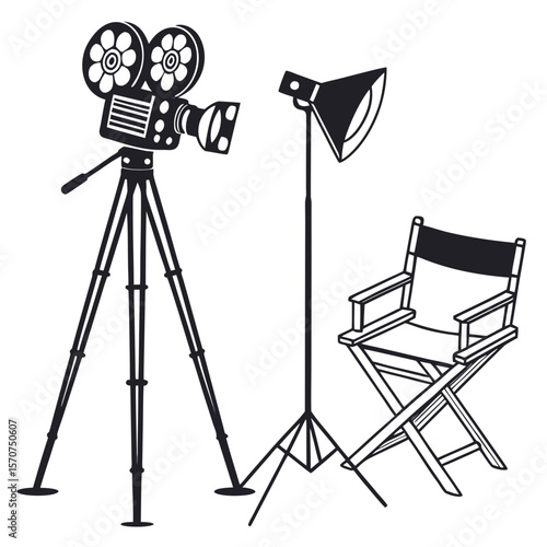 Vintage movie camera director chair spotlight film production