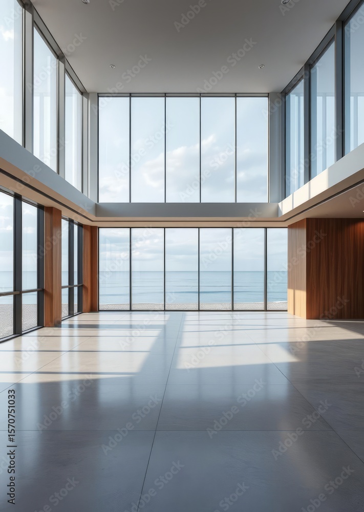 Obraz premium Spa hotel interior on the beach scandinavian minimal style with panoramic windows Empty room interior design architecture blank design room striking structures clean lines geometric shapes dra