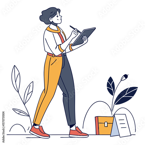 Woman drawing on tablet with plants and briefcase stylus