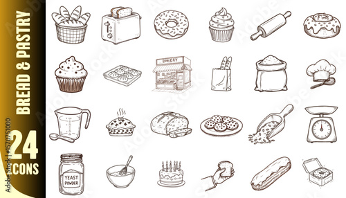Bread and pastry icons in simple line art style  
