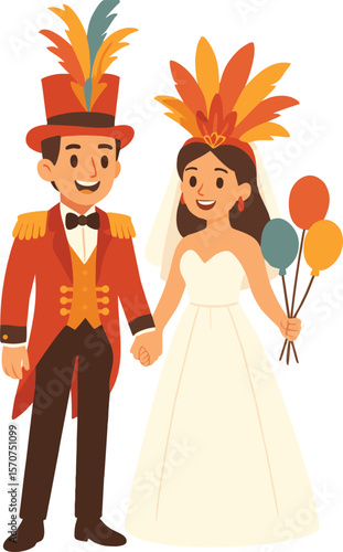 Carnival Wedding Couple Illustration Festive Bride and Groom in Feather Hats