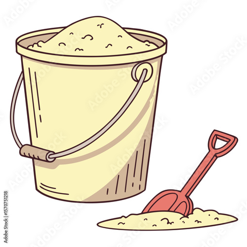 Yellow bucket filled with sand and red shovel sand bucket