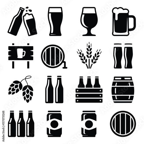 Sixteen Black and White Beer Icons Collection Featuring Various Beer Containers Glasses Barrels Hops and Wheat Graphic Design Elements for Brewery Pub or Beer Related Businesses