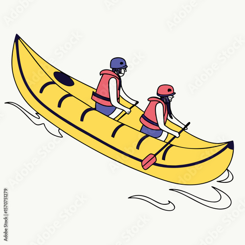 Yellow raft paddling adventure water sport life vest