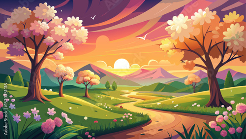 Golden spring sunset illuminating a peaceful countryside landscape with blooming flowers, green fields, and scattered trees. Warm light bathes the scene in soft hues of orange and pink